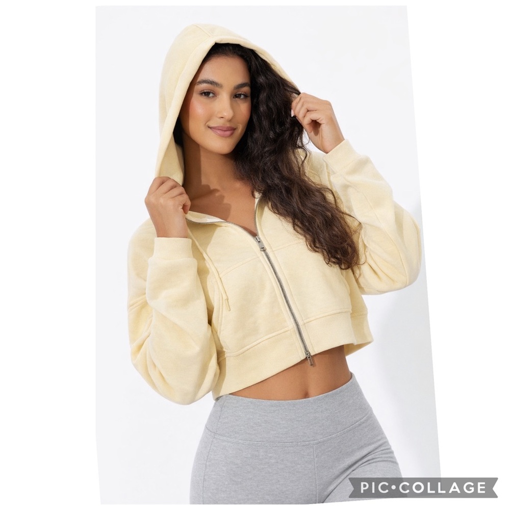 NWT ODODOS Modal Soft Cropped Full Zip Funnel Neck Hoodie Ivory L